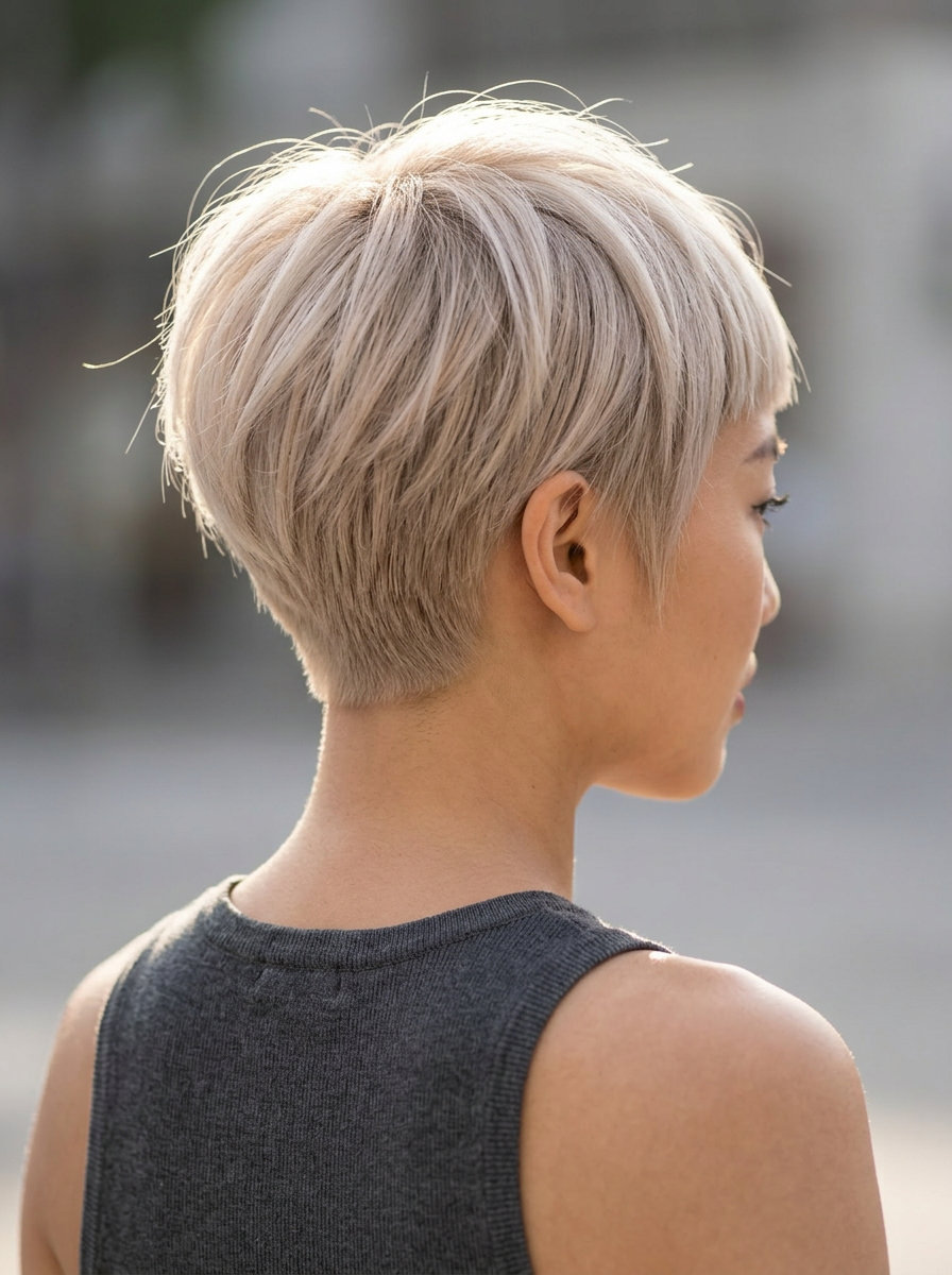 very short platinum pixie haircut with textured layers and micro-fringe for summer