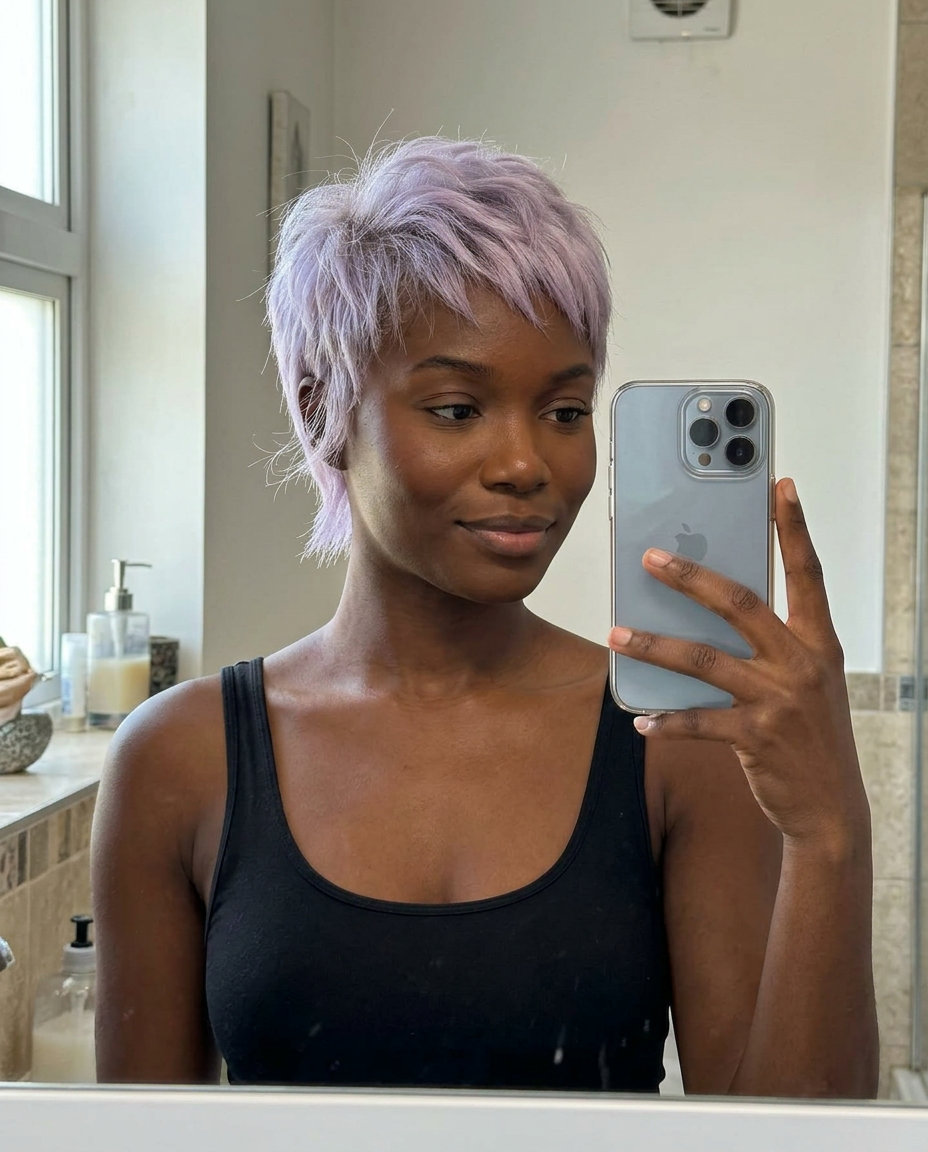 short textured crop with soft pastel lavender, point-cut layers, wispy fringe — playful festival look