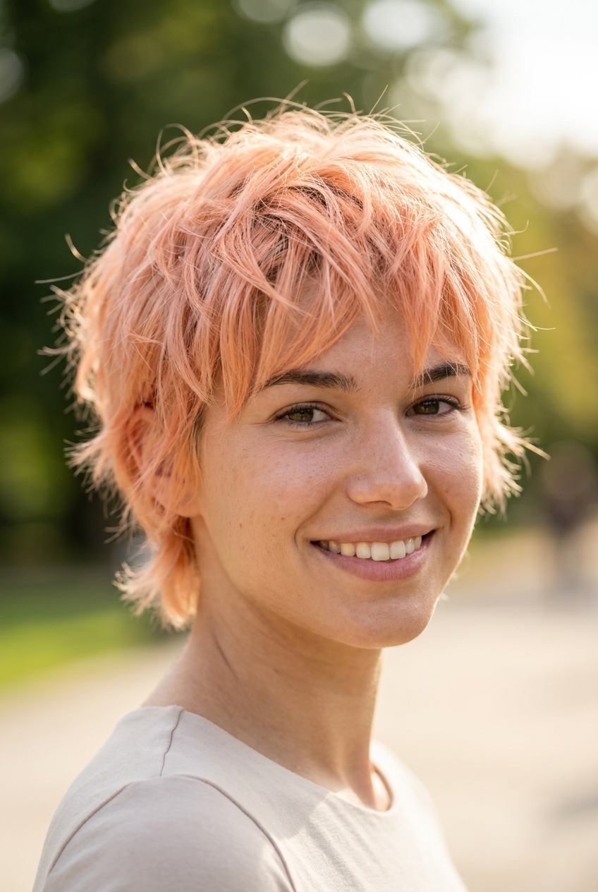 very short pixie haircut with pastel orange-pink for brunch