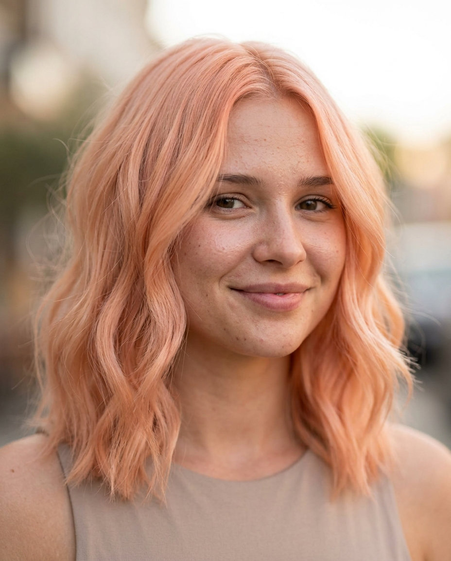medium pastel peach lob haircut with rose-gold undertones, diffused layers and wispy face-framing pieces for garden party