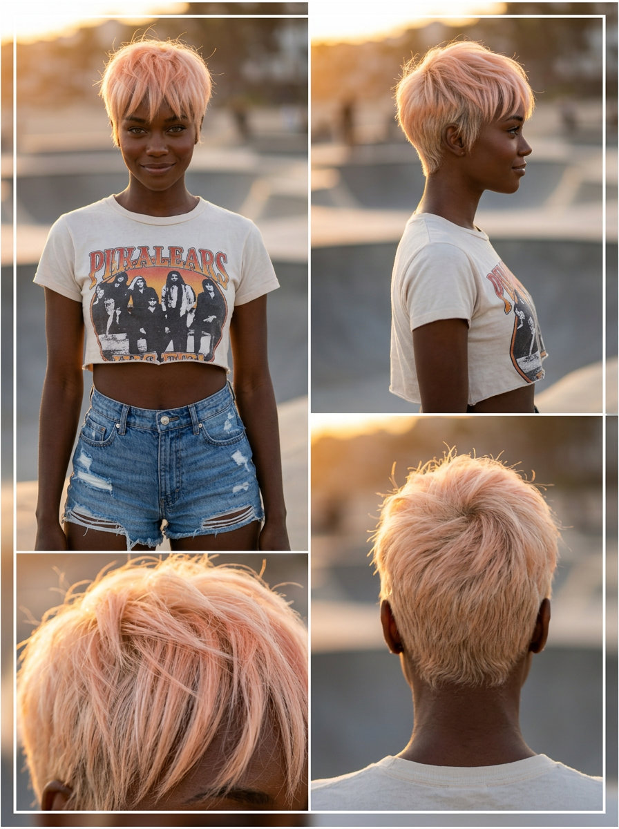 short razored pixie haircut in soft pastel peach with textured layers and wispy fringe for summer