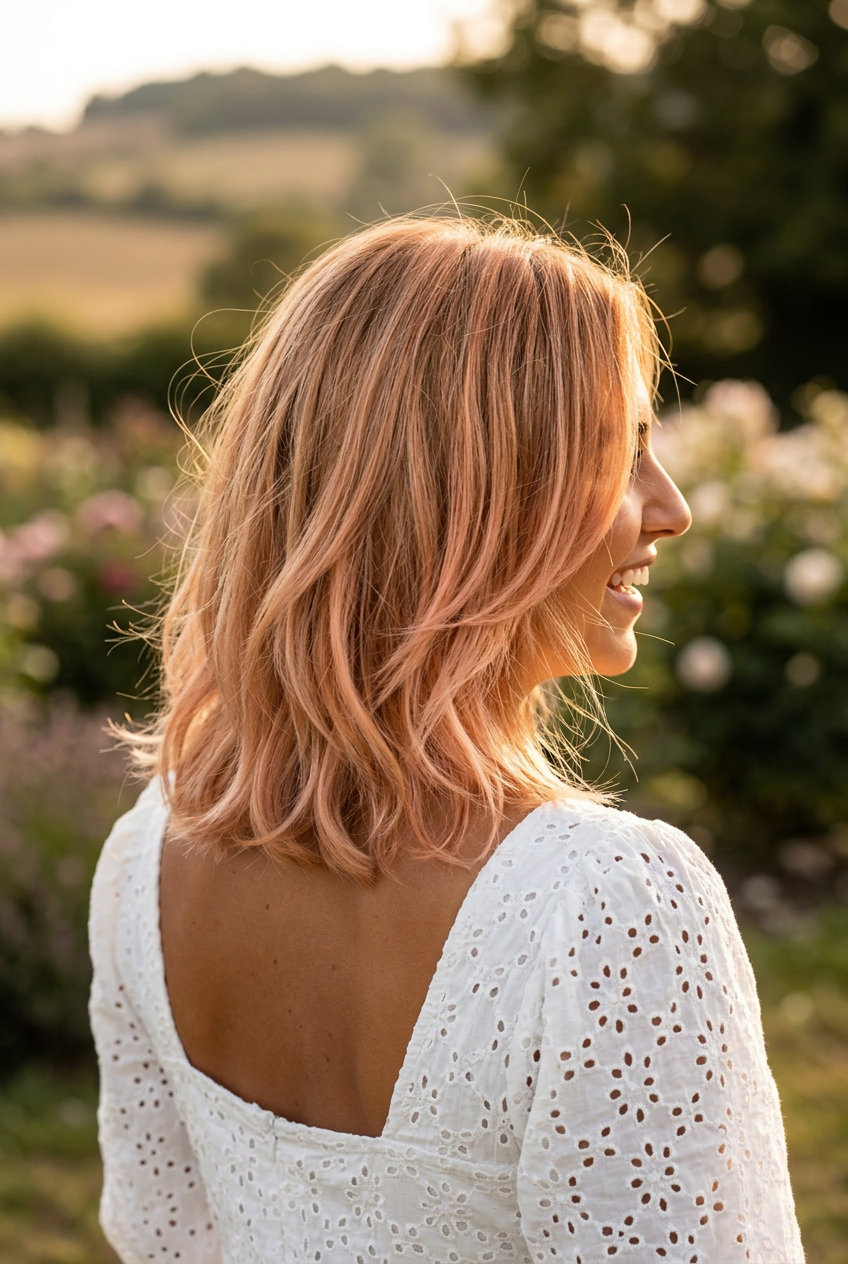 shoulder-length bob haircut in warm honey balayage with curtain bangs and face-framing highlights for summer