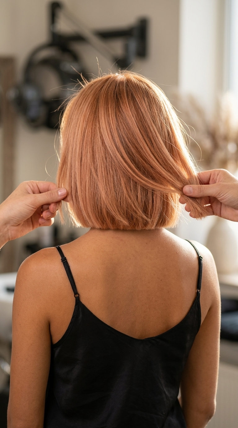 chin-length blunt bob haircut in soft peach copper with coral undertones, sun-kissed balayage, for summer vacation