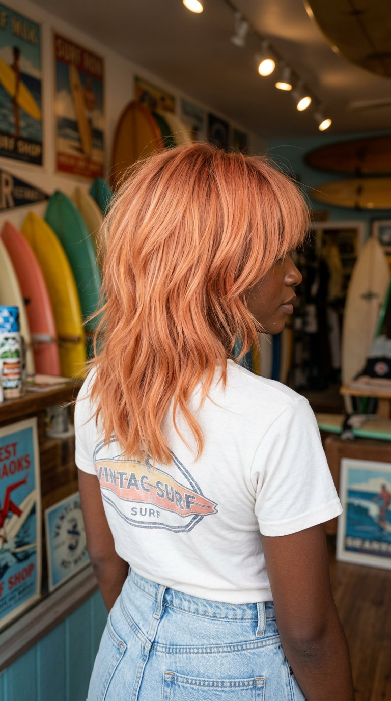 medium peach fuzz copper shag haircut with choppy bangs for summer vacation