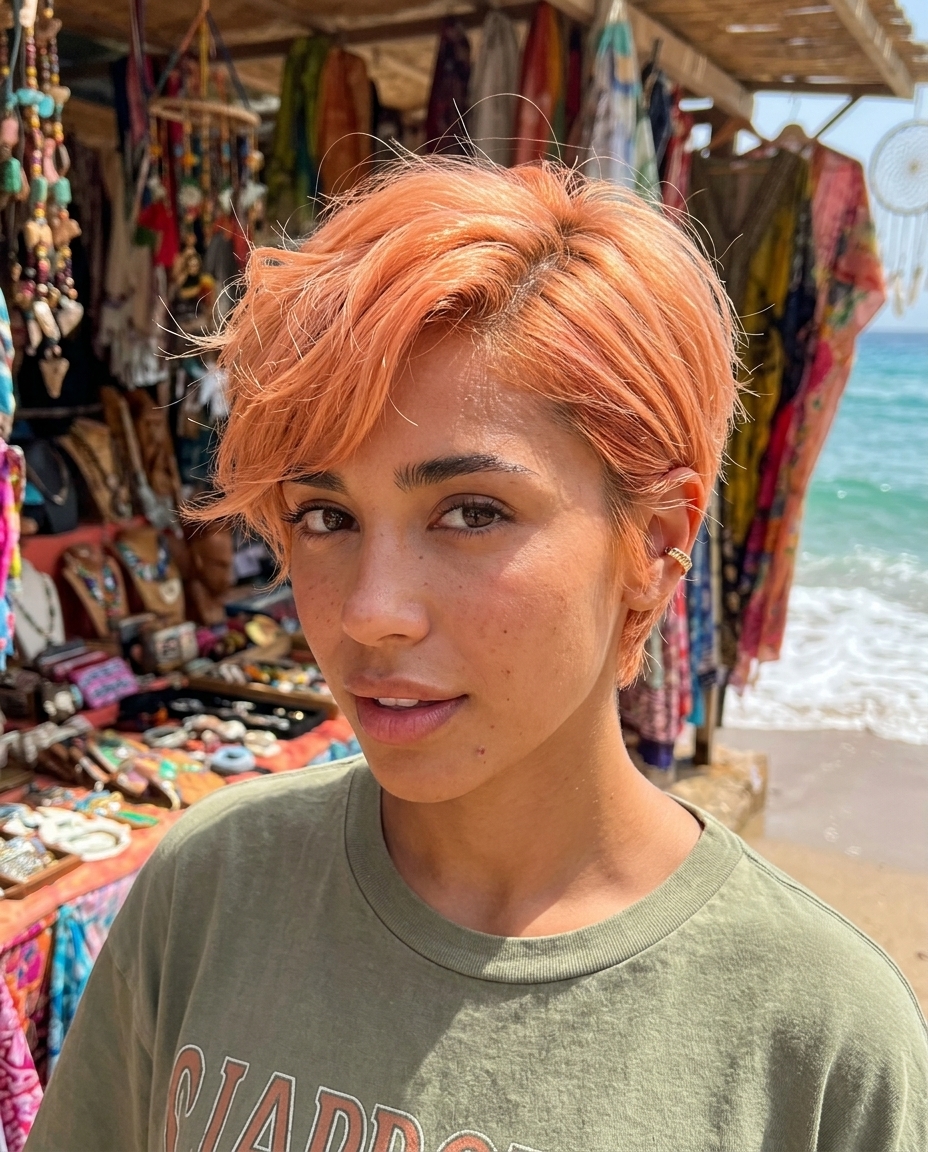 short peach copper pixie haircut with razored layers and side-swept fringe for summer