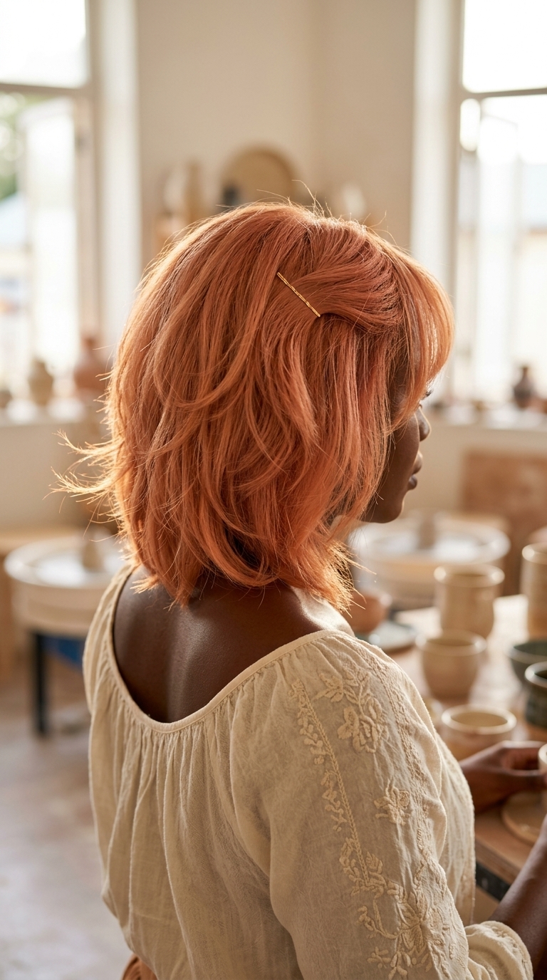 shoulder-length peach copper lob with diffused layers and curtain bangs for summer