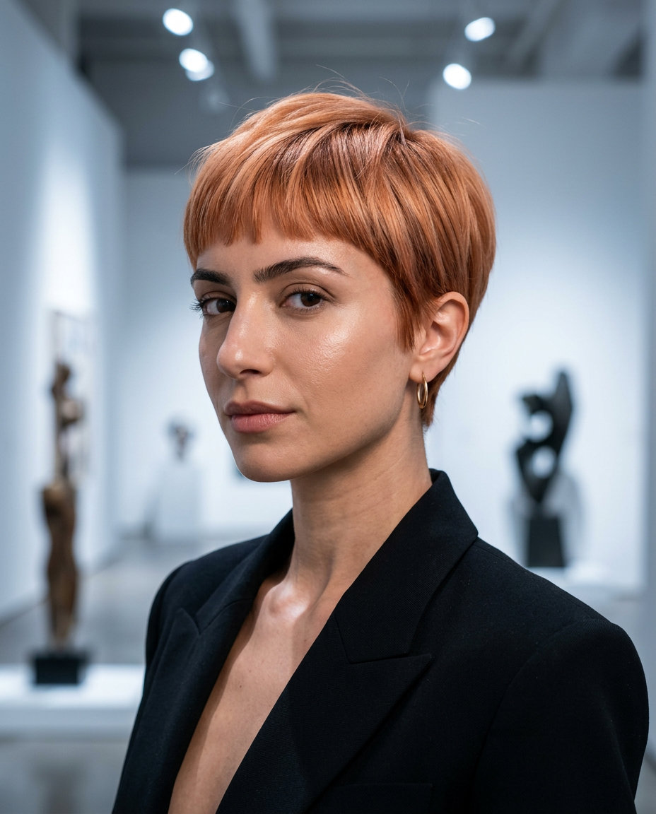 short blunt pixie haircut in peach fuzz copper with babylights, micro-fringe for date night