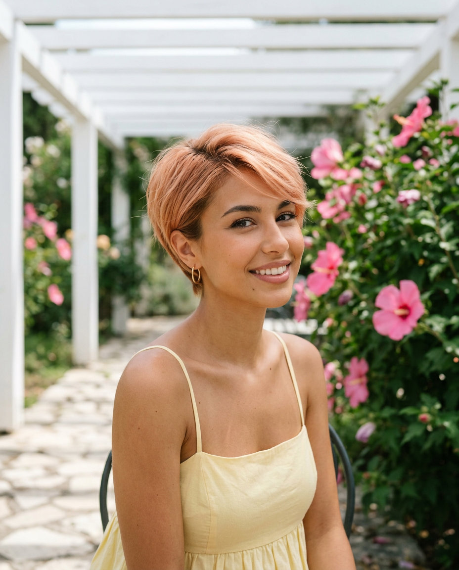 short textured pixie haircut in peach fuzz copper with babylights, point-cut layers, wispy fringe for weekend