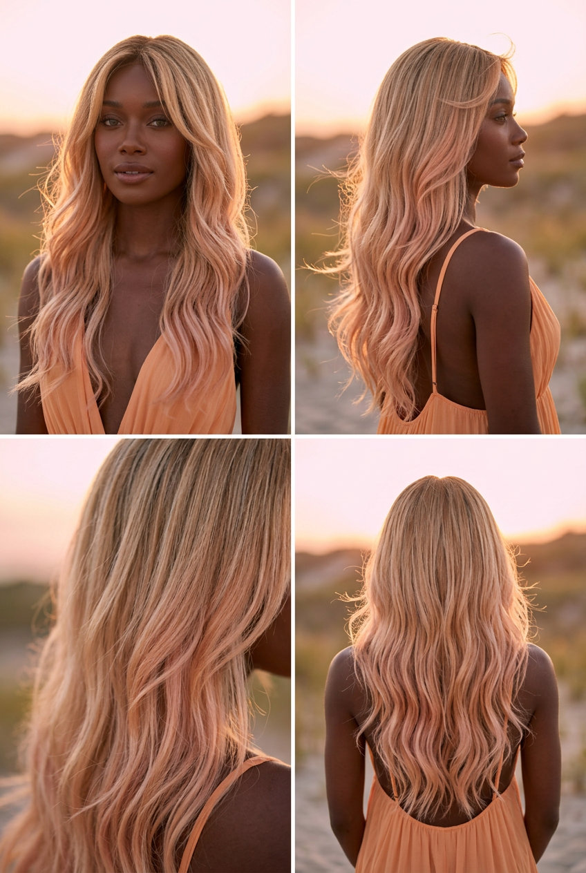 long layered peach fuzz balayage with soft waves and face-framing layers for summer
