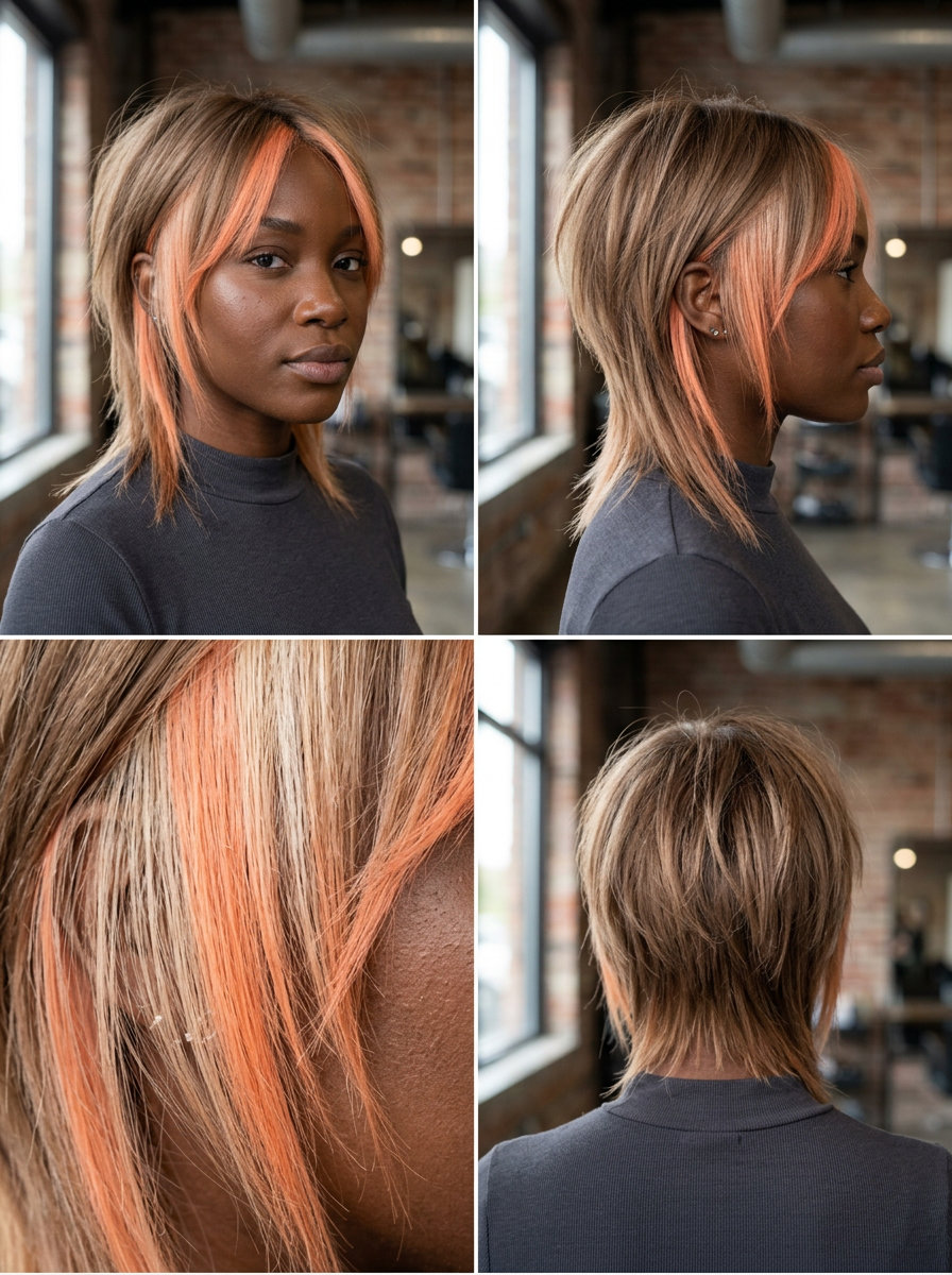 medium cut with peach fuzz accents on platinum, razored layers, tapered back — bold night out