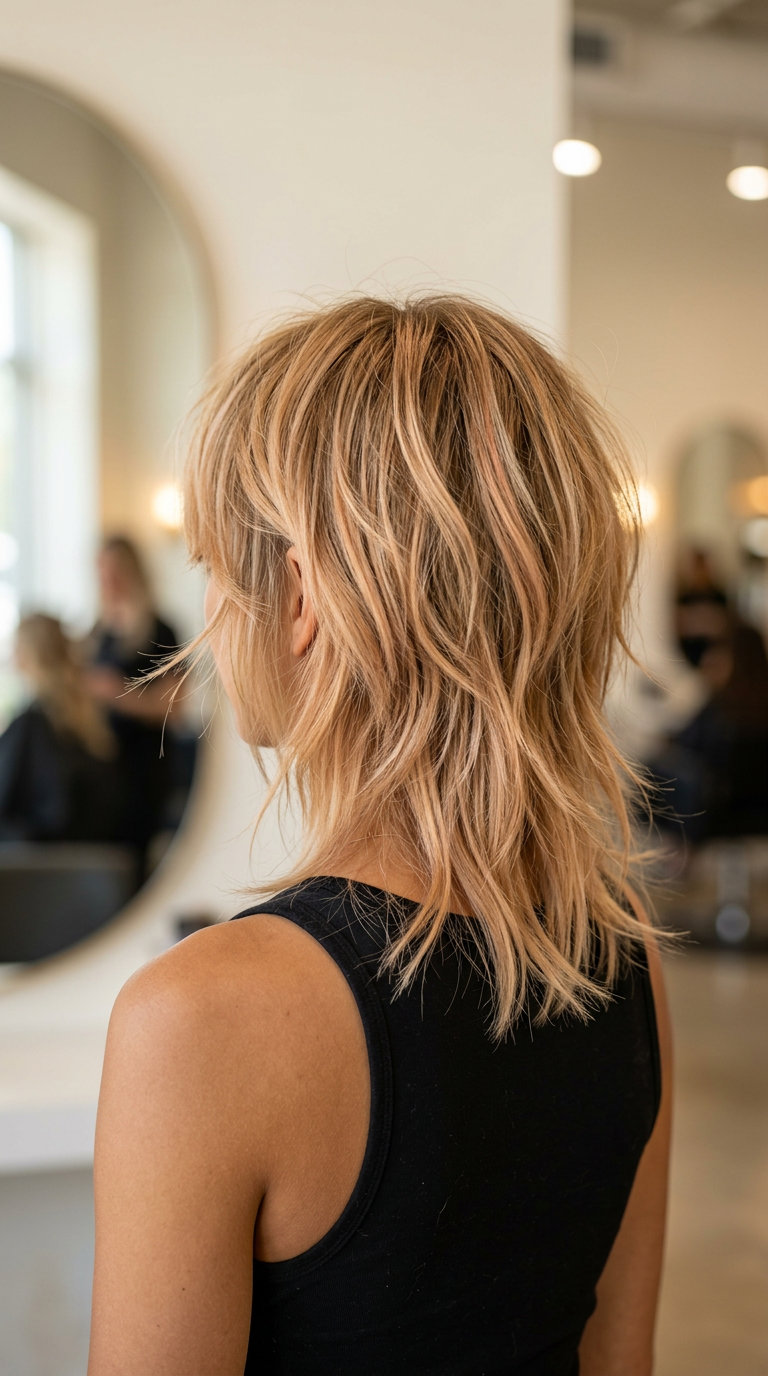 Summer Wolf Cut 2026: Whimsical Peach Fuzz short peach fuzz wolf cut with golden blonde base and wispy bangs for summer