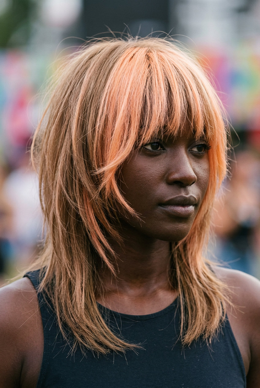 medium shag haircut in pastel peach with light brown base, face-framing highlights, choppy fringe — playful and edgy