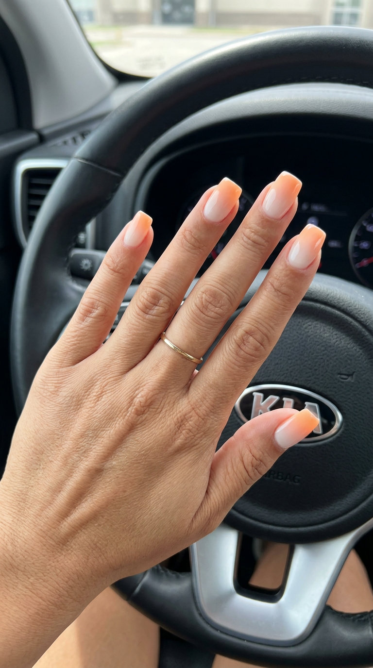 Peach Orange Gradient Milky nails for summer fruits nail art 2026. Whimsical, sun-kissed, and ethereal milky white to peach and orange.