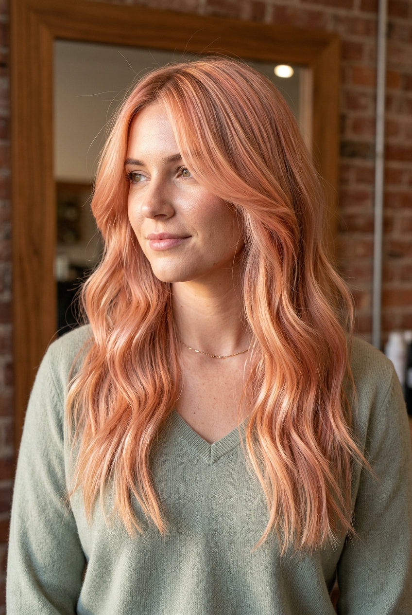 long layered haircut with peachy-pink blonde and apricot, AirTouch technique — playful