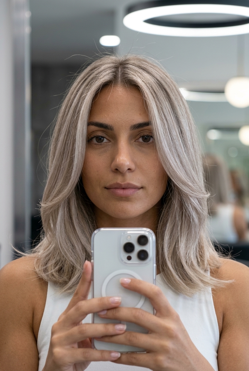 medium pearl blonde long bob with cool beige, silver reflections, root smudge — soft luminous elegant