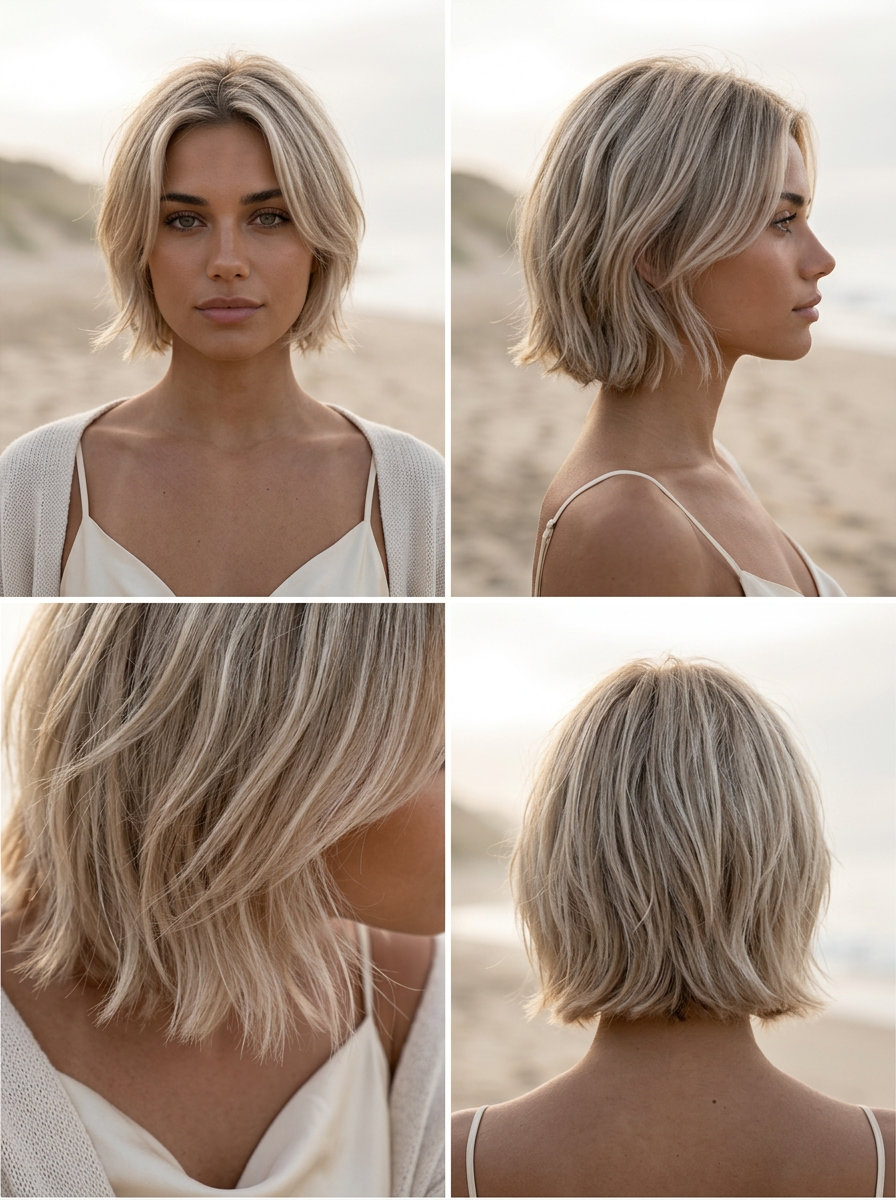 short textured cut in pearl blonde with root smudge, soft fringe for beach vacation