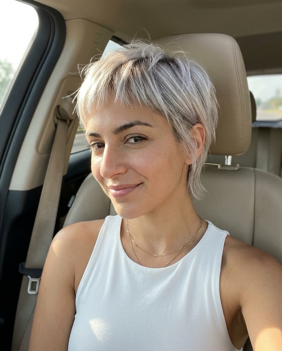 very short pearl blonde shag pixie with silver tones and micro-fringe for summer