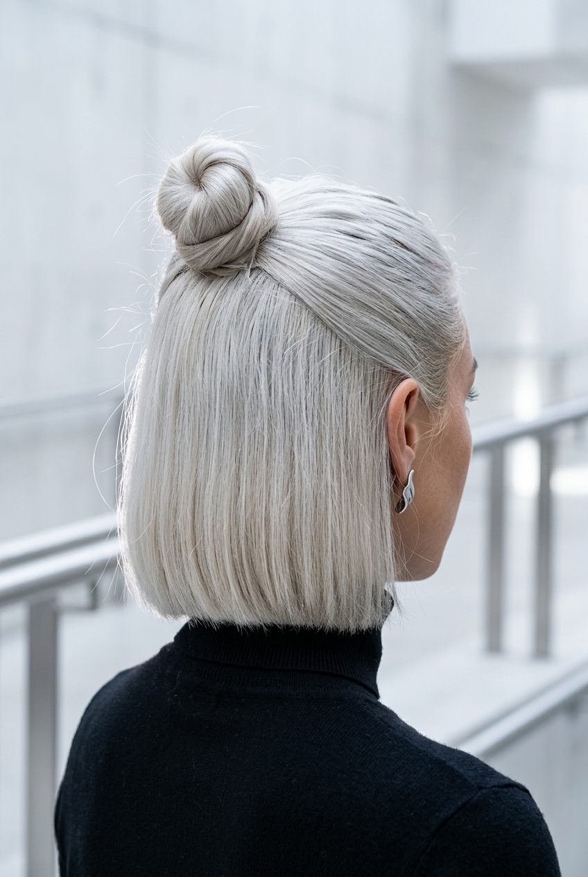 chin-length blunt bob haircut with icy platinum blonde color and sleek knot for modern bold