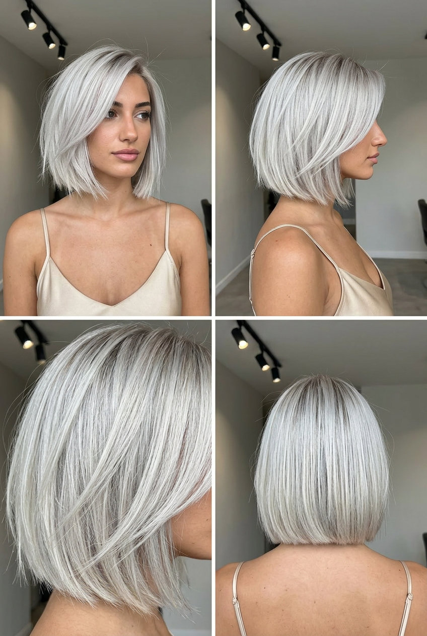chin-length Italian bob haircut with platinum ice blonde, silver undertones, shattered ends — edgy, bold