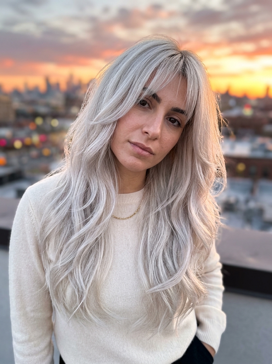 long wispy bangs haircut in icy platinum blonde with silver-pearl toner for dramatic style