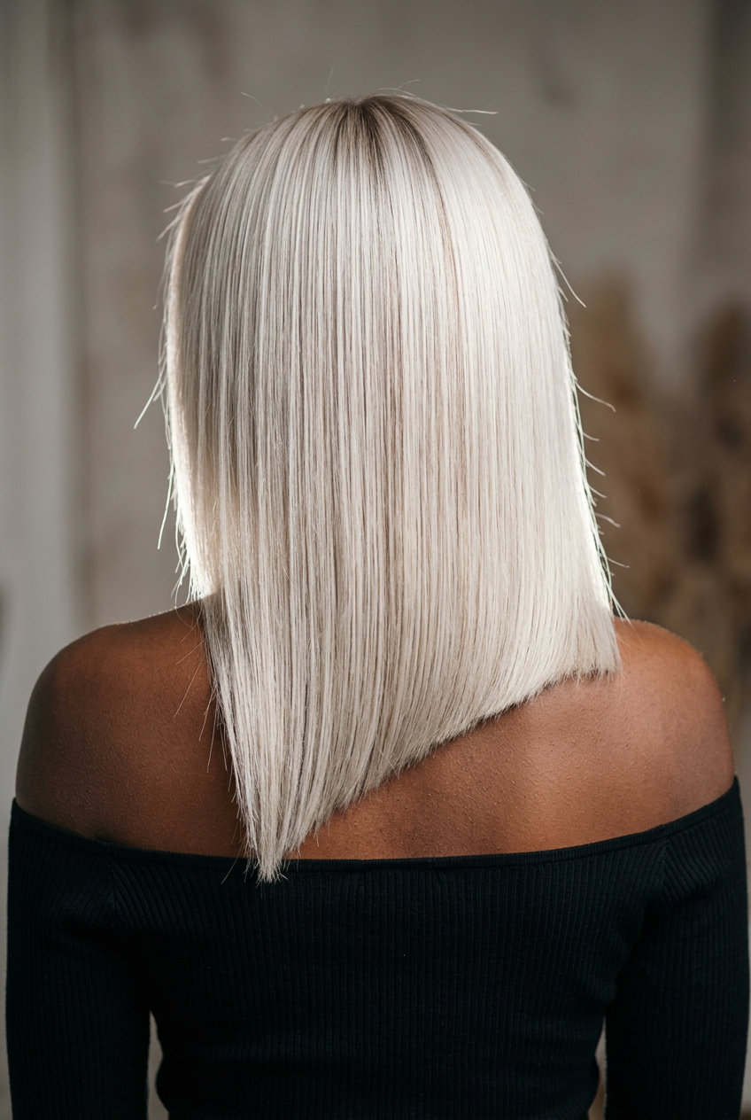medium asymmetrical lob in platinum blonde with ash lowlights, sharp blunt perimeter — sophisticated modern lob