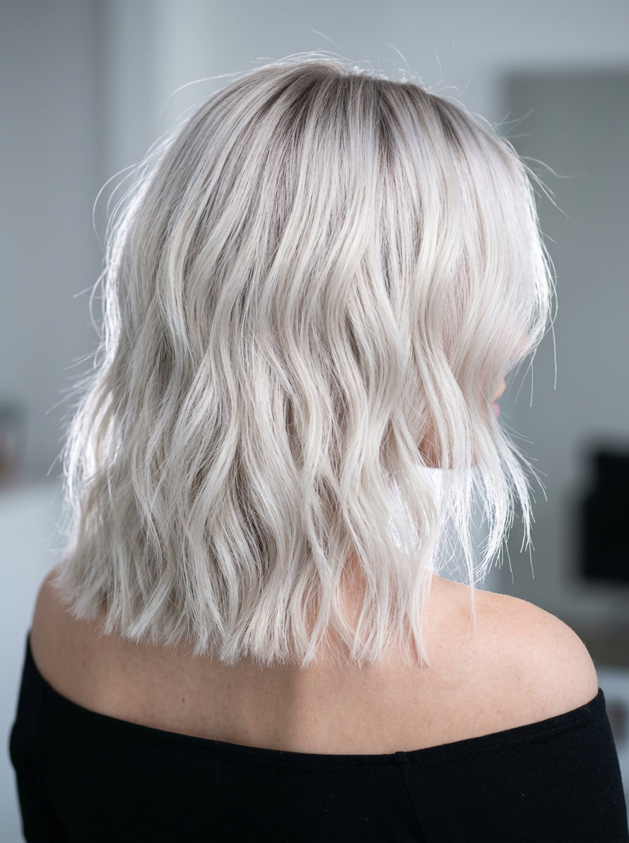 medium textured lob haircut in icy platinum blonde with cool ash root smudge for summer