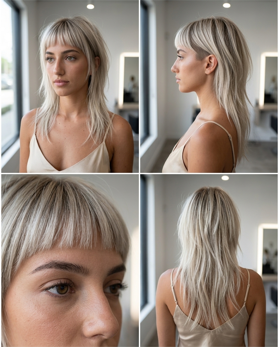 short platinum blonde mullet with micro-fringe and undercut for avant-garde looks