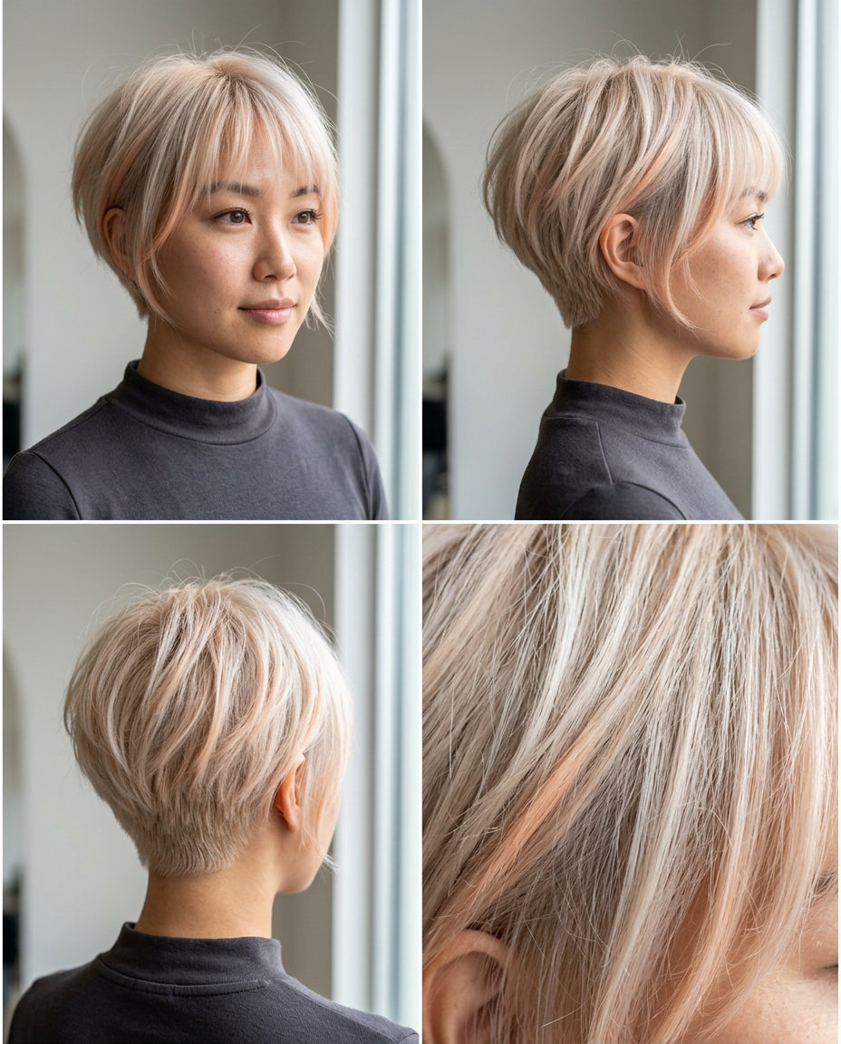 short pixie haircut in platinum blonde with peach fuzz highlights, razored layers for edgy playfulness