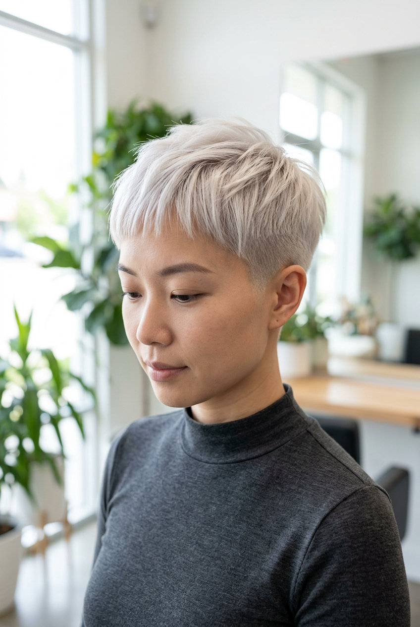 very short wispy bangs pixie haircut in icy platinum blonde with ash shadow root for edgy look