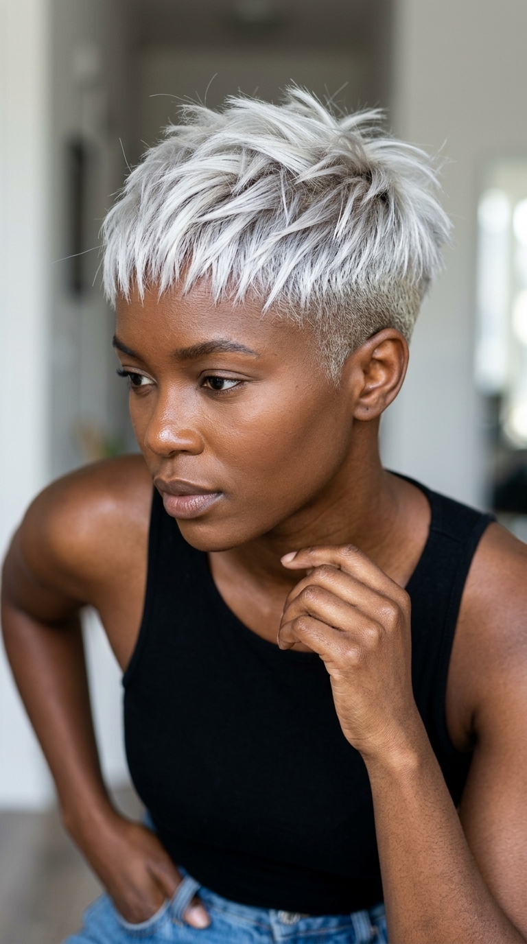 very short razored pixie haircut in platinum blonde with choppy fringe for summer