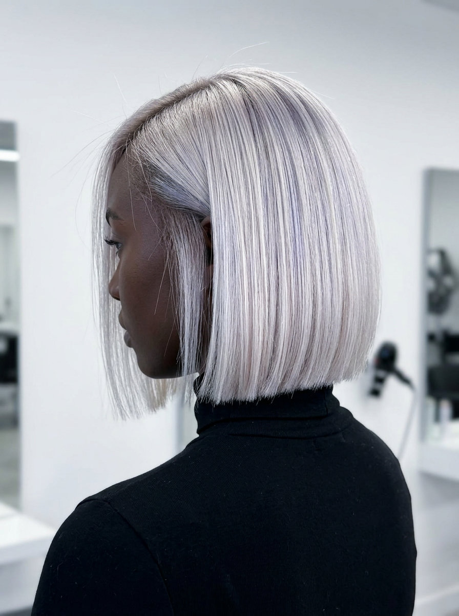 chin-length bob balayage with icy platinum, AirTouch technique, no bangs — bold futuristic style