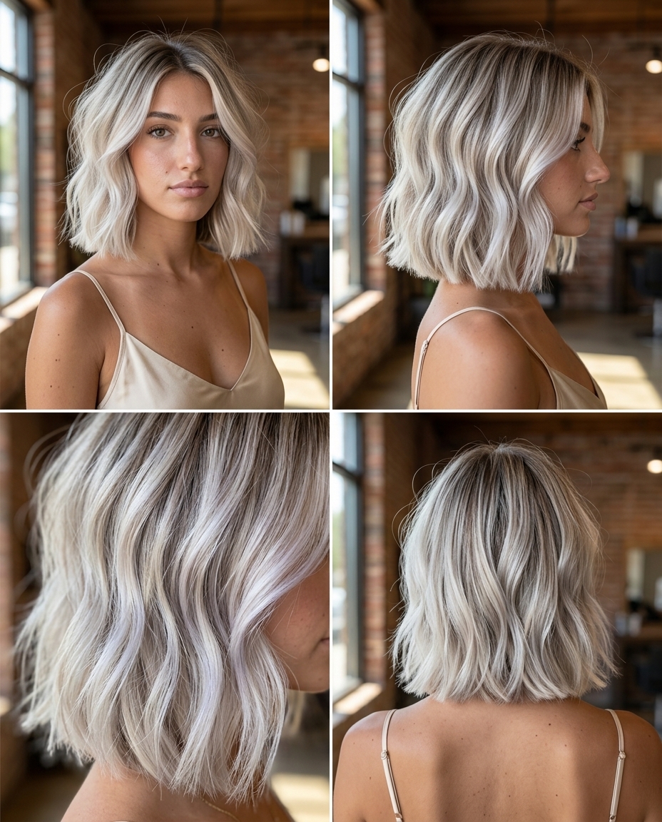chin-length blunt bob haircut in icy platinum balayage with blonde root smudge, soft waves, for summer party
