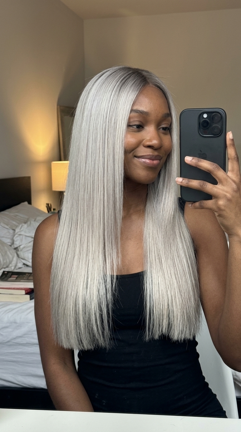 extra-long blunt cut platinum balayage with subtle internal layers for glamour