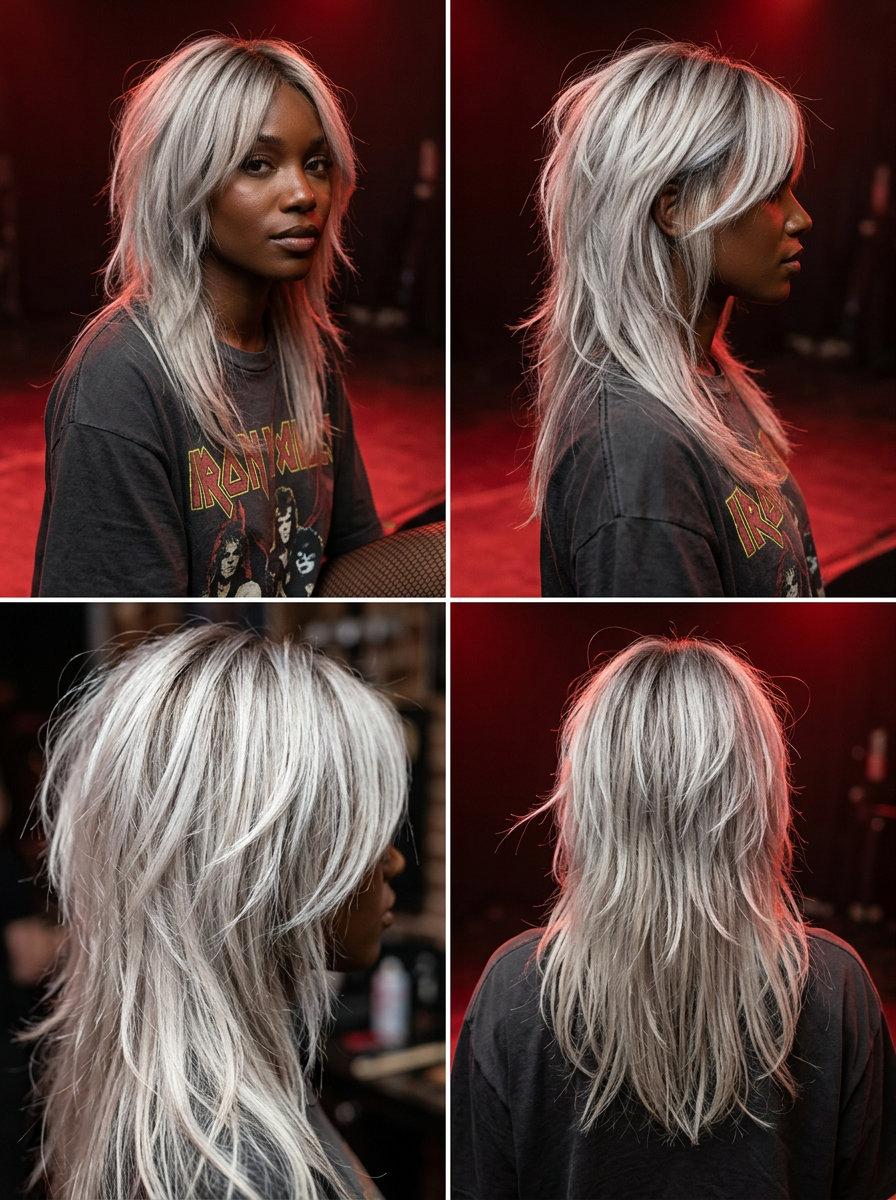 medium-long icy platinum blonde shag with choppy layers and piecey fringe for summer