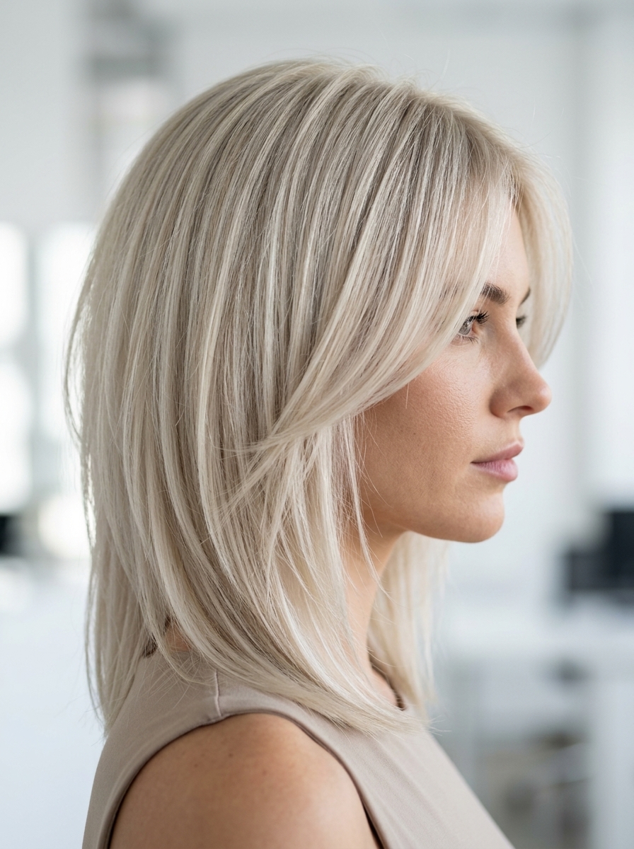 Executive Platinum Wolf Cut 2026: Chic & Modern medium wolf cut in icy platinum blonde, violet toner, soft root smudge — professional chic