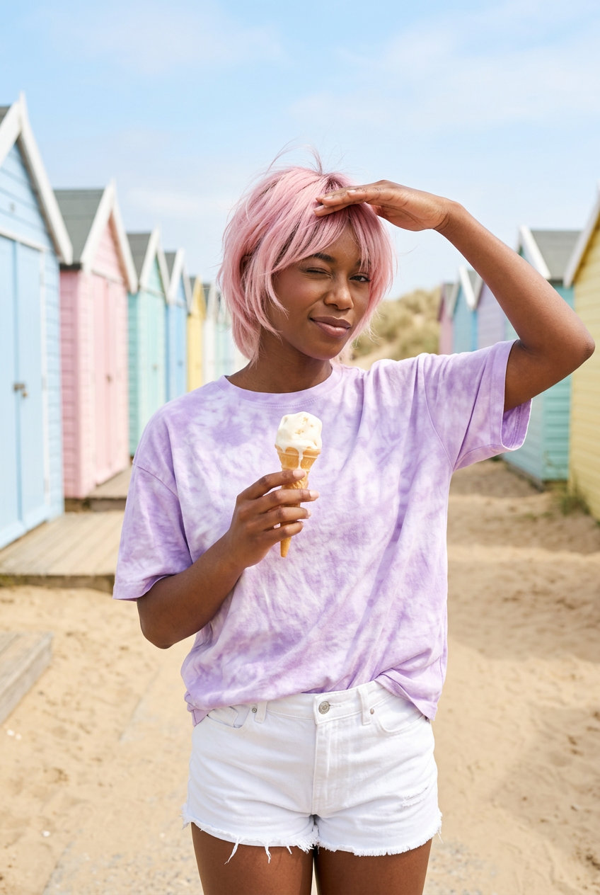 short layered haircut in platinum pink with soft rose root shadow, wispy piecey layers for playful texture