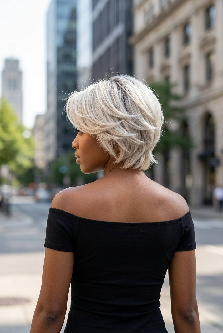 short layered bixie haircut with icy platinum cool ash root smudge, winged layers — edgy glamorous