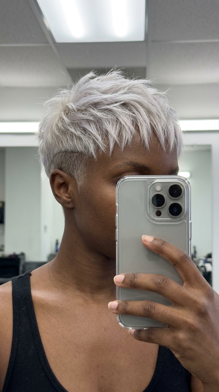 short textured crop with icy platinum blonde hair, silver-violet toner, and micro-wispy bangs for summer 2026