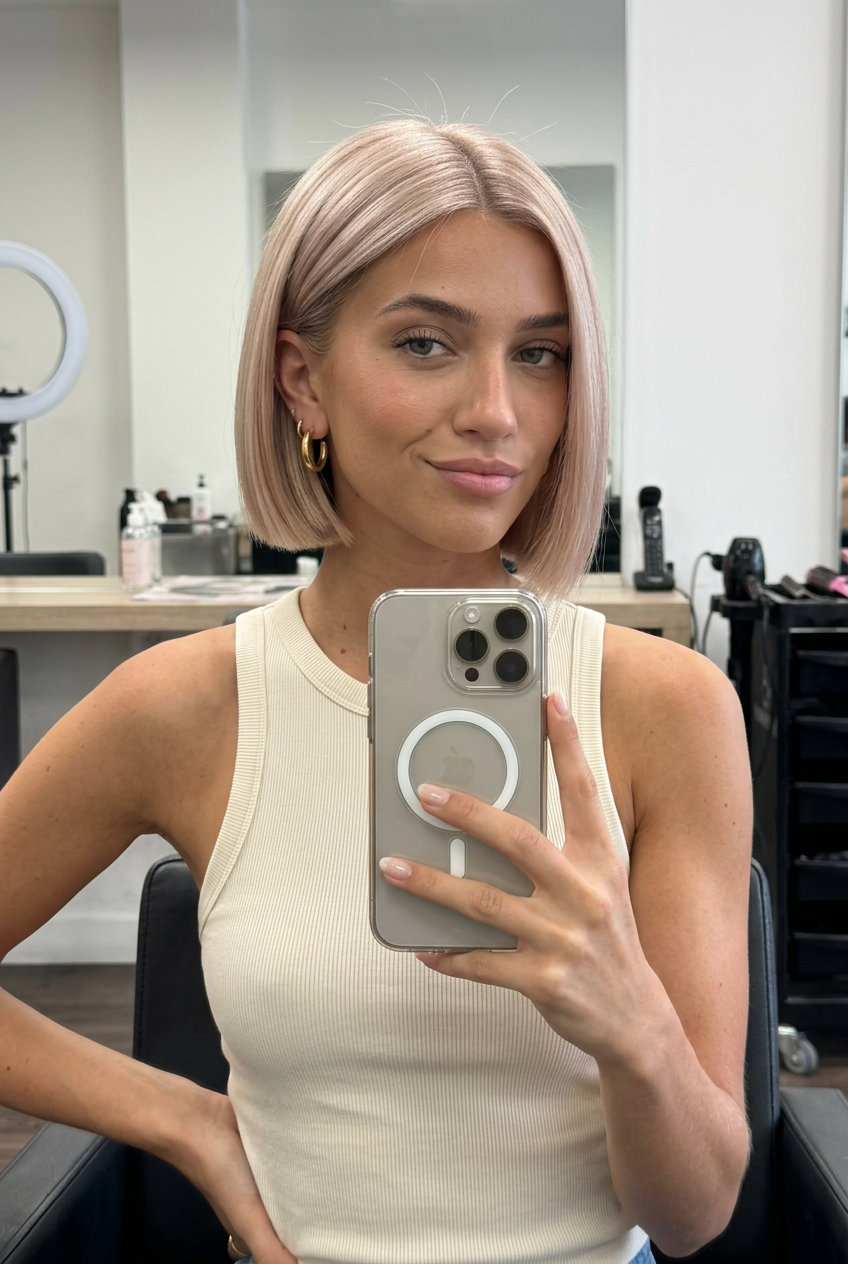 short french bob haircut in champagne pop platinum blonde with blunt perimeter for formal event