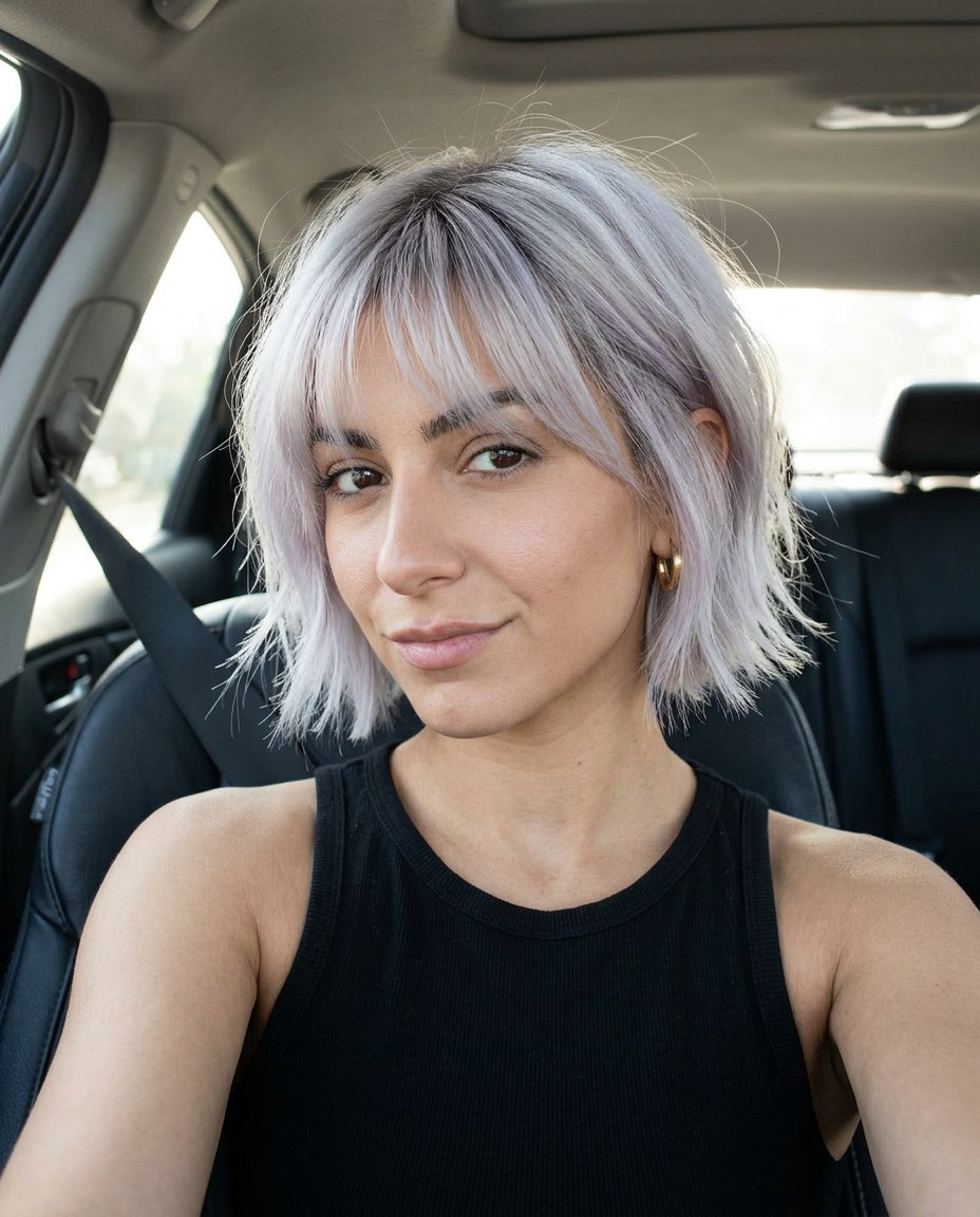 short french bob haircut in icy platinum blonde with razored micro-fringe for a bold look