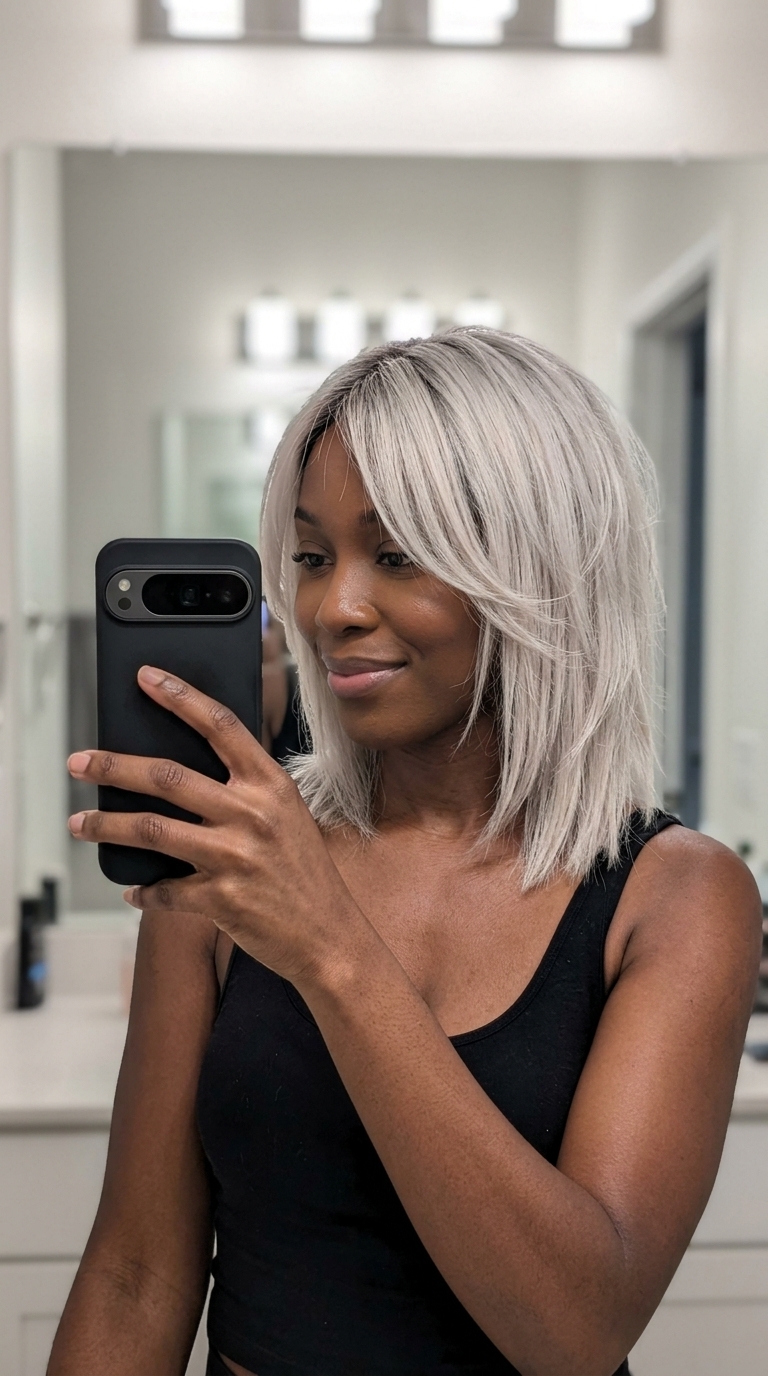 Chic Platinum Lob Wolf Cut 2026: Modern Edge short wolf cut lob in icy platinum blonde, charcoal root smudge, razored face-framing — sophisticated edgy