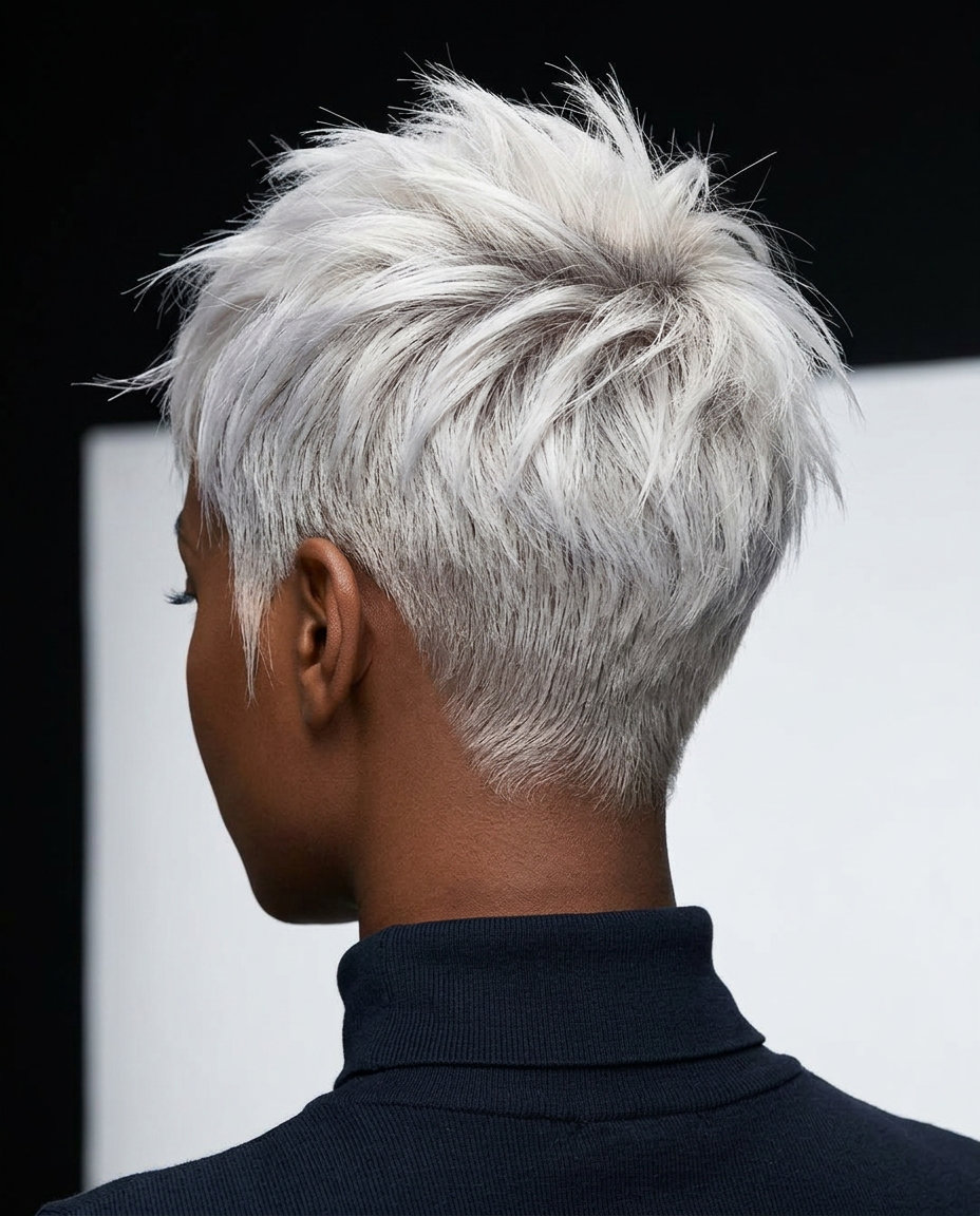 short platinum pixie haircut with ash root smudge and no fringe for edgy avant-garde look