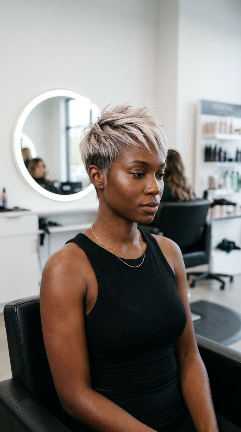 short razored pixie cut platinum balayage with wispy fringe for edgy style