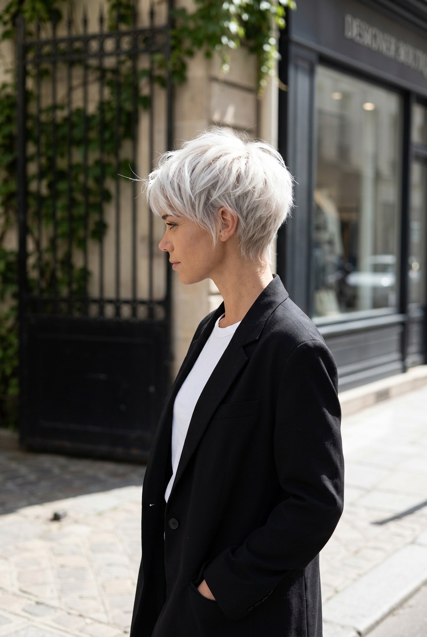 short airy pixie haircut in icy platinum blonde with textured layers and wispy fringe for summer