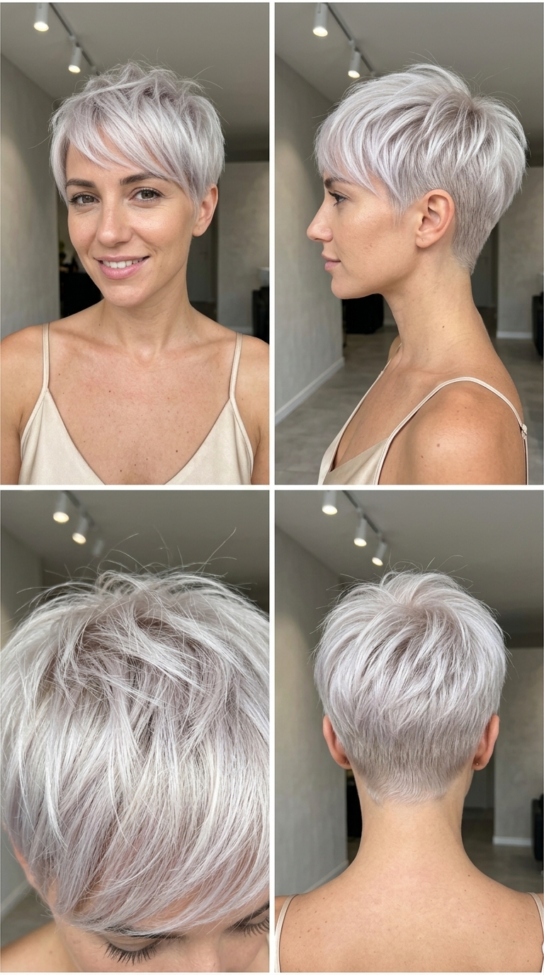 short textured pixie haircut in icy platinum blonde with wispy fringe for summer