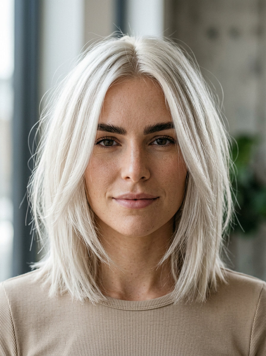 shoulder-length layered haircut in icy platinum blonde with violet-silver tone, textured layers, no bangs — bold festival look