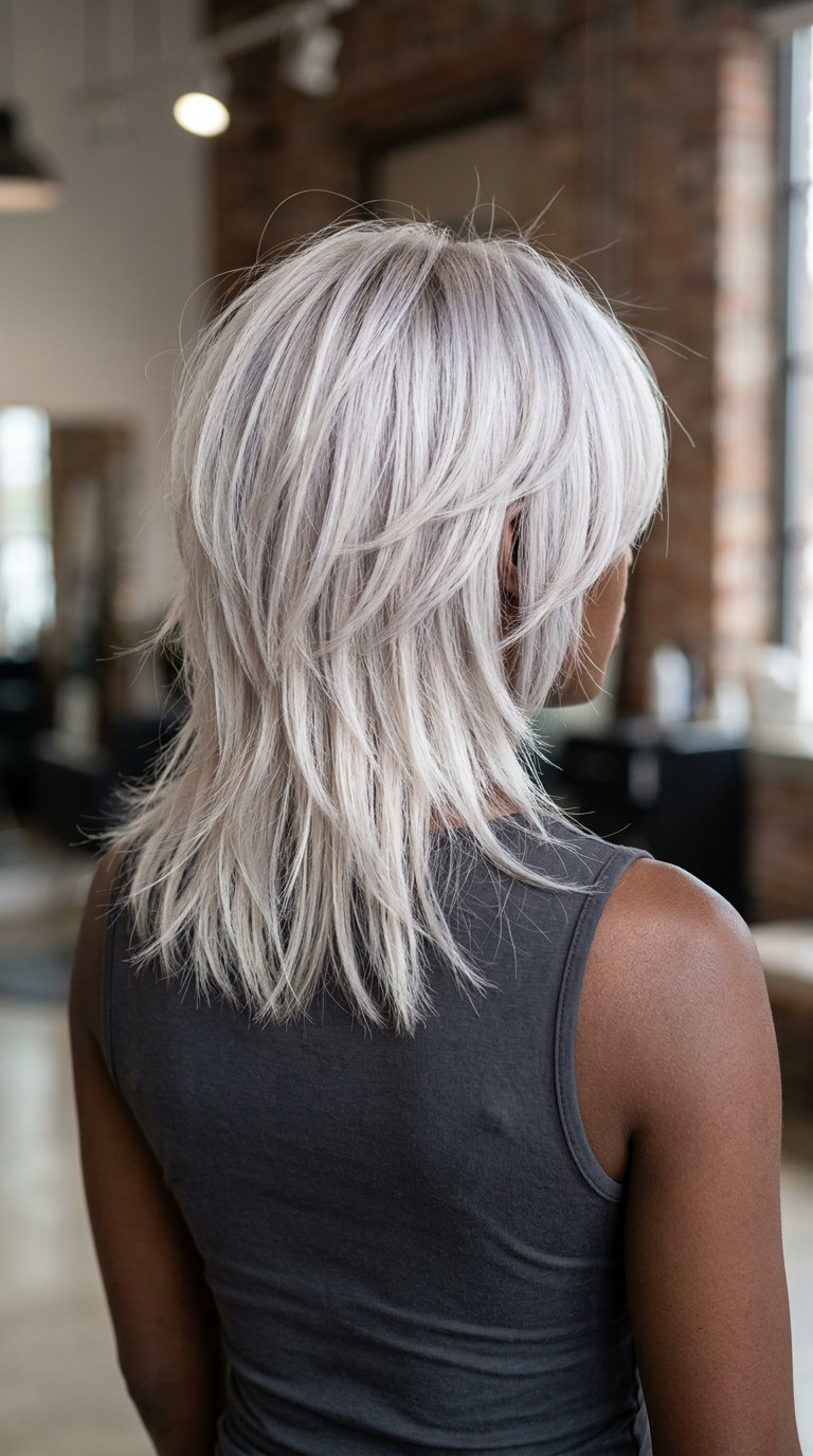 shoulder-length platinum blonde shag with ash blonde root smudge and curtain bangs for summer