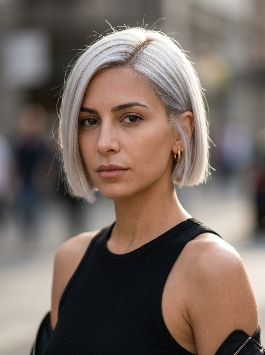 very short micro bob haircut with icy platinum blonde, cool root shadow, blunt ends for edgy style