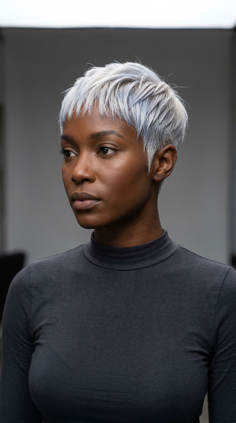 very short razored pixie haircut in icy platinum with denim blue tint, blunt micro-fringe for a futuristic look