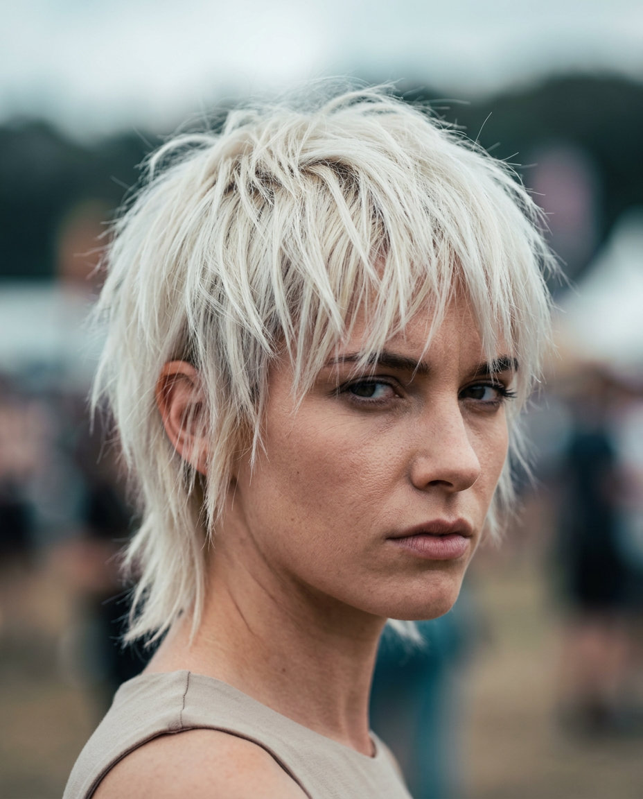 very short pixie shag haircut in icy platinum blonde with stark white-blonde and choppy micro-fringe for punk style
